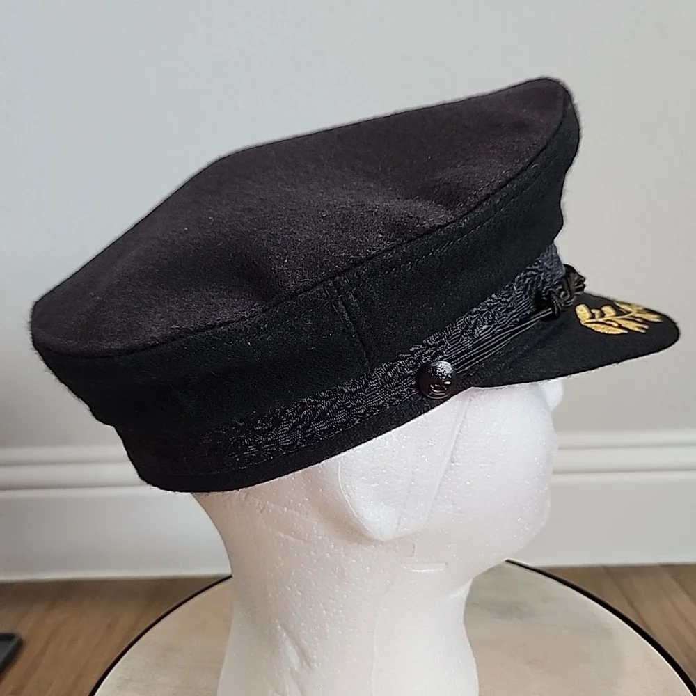Vintage‎ RARE Aegean Greek Fishermans Captain Cap Black Wool Greece Costume Prop